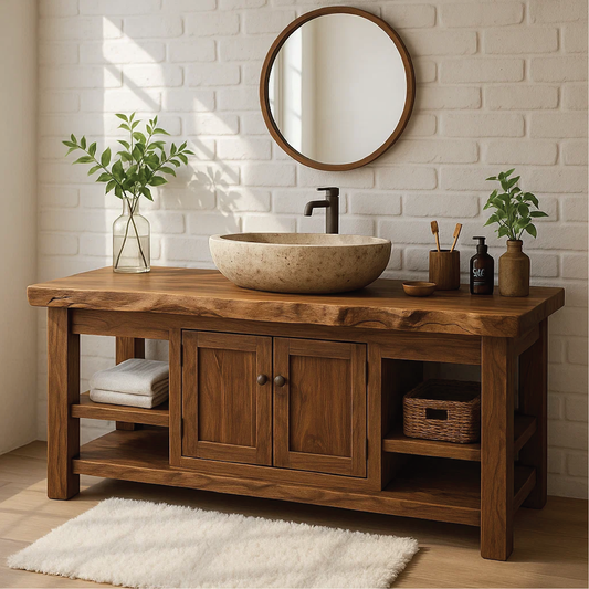 Handcrafted Solid Wood Vanity with Natural Live Edge and Double Door Storage Design