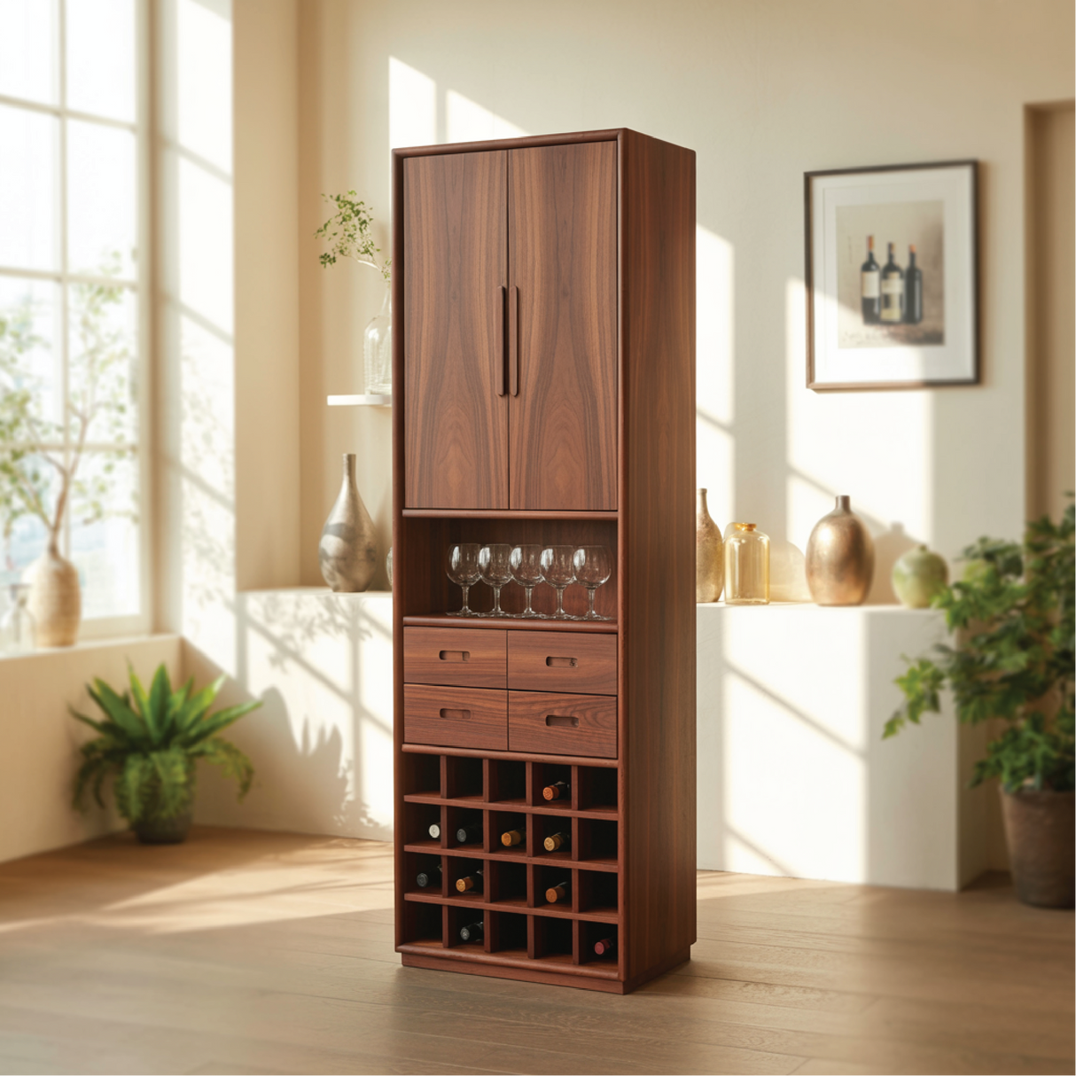 Handcrafted Solid Wood Dining Cabinet with Tall Doors, Wine Storage Grid and Four Drawers