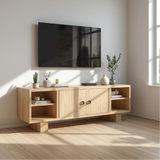 Handcrafted Solid Wood TV Stand with Double Doors and Open Shelves in Natural Oak Finish