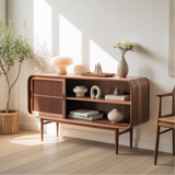 Solid Wood Console Table with Sliding Door – Handcrafted Mid-Century Storage Cabinet