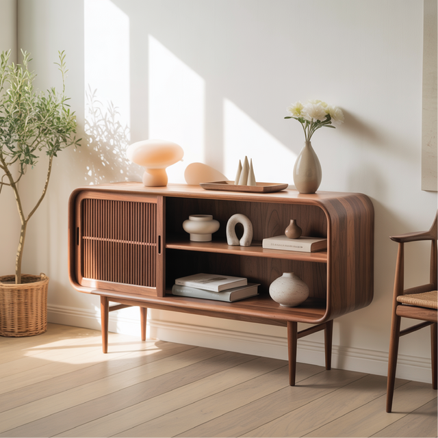 Solid Wood Console Table with Sliding Door – Handcrafted Mid-Century Storage Cabinet