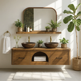 Handcrafted Solid Wood Double Floating Vanity – Arched Center Storage Design