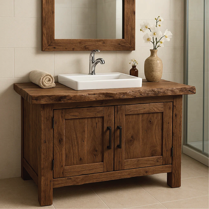 Rustic Handcrafted Solid Wood Bathroom Vanity with Natural Live Edge Top and Double Doors