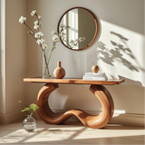 Handcrafted Solid Wood Console Table with Artistic Curved Base and Modern Minimalist Design