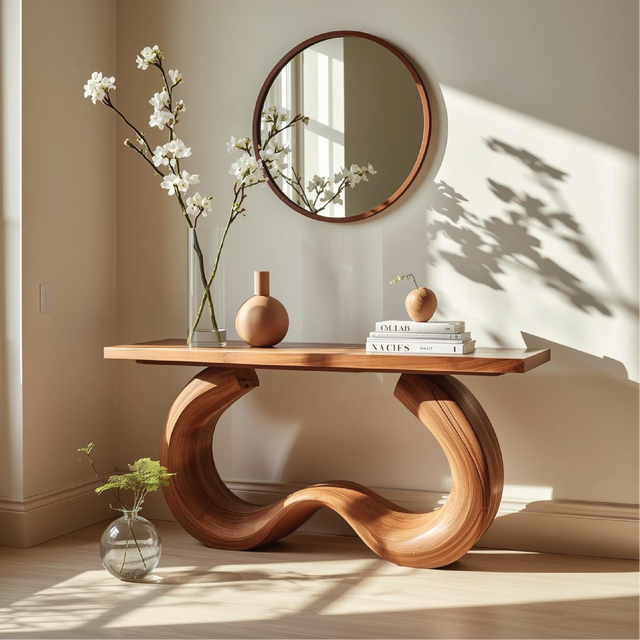 Handcrafted Solid Wood Console Table with Artistic Curved Base and Modern Minimalist Design