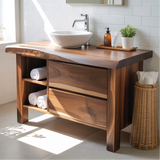 Handcrafted Solid Wood Bathroom Vanity with Live-Edge Countertop and Modern Open Shelf Storage