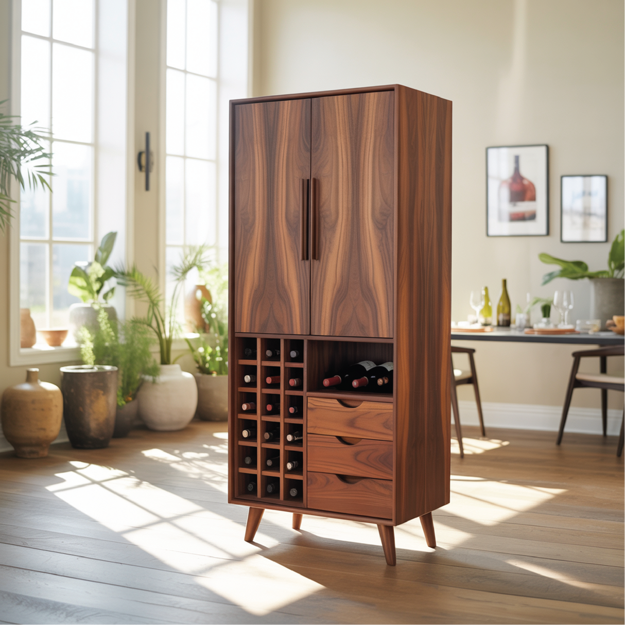 Handcrafted Solid Wood Dining Cabinet with Wine Storage Grid, Drawers and Tall Double Doors