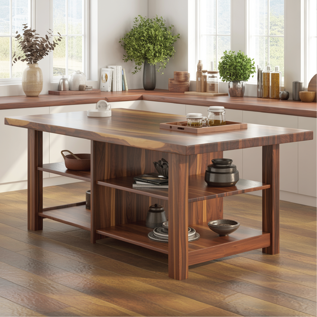 Handcrafted Solid Wood Dining Table with Open Storage Shelves for Warm Modern Kitchens