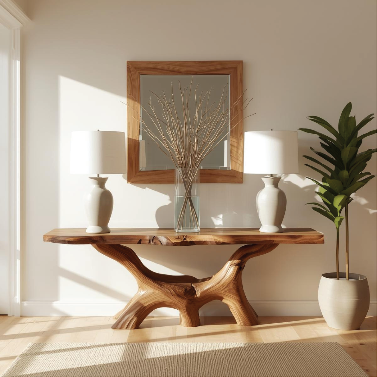 Handcrafted Solid Wood Console Table with Natural Live Edge and Organic Sculptural Base