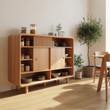 Solid Wood Console Table with Sliding Doors - Modern Storage Cabinet with Open Shelves