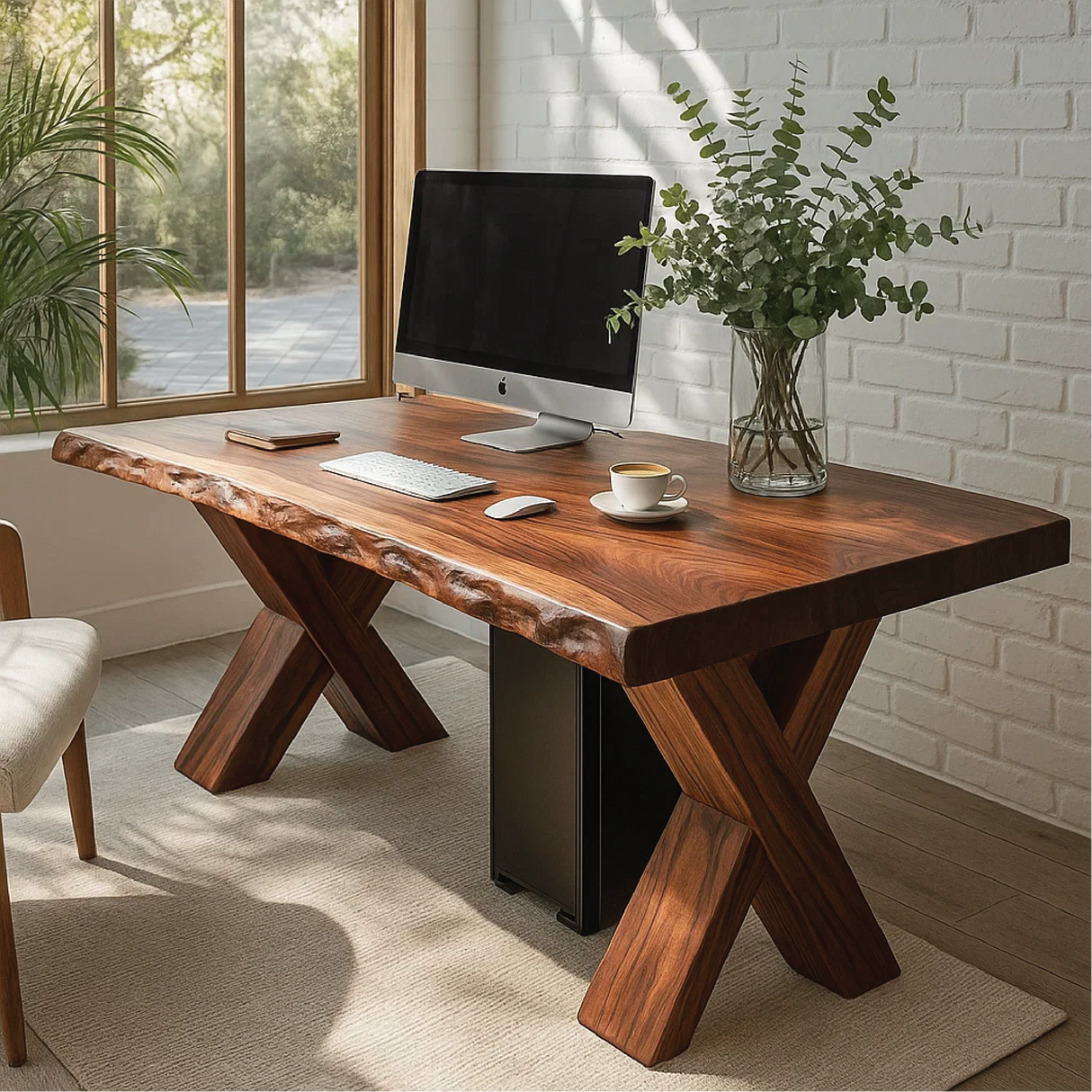 Handcrafted Solid Wood Work Desk – Live Edge Office Table with X-Leg Base and Natural Finish