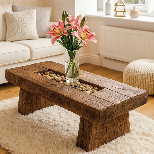 Handcrafted Solid Wood Coffee Table with Rustic Live Edge Design and Natural Stone Centerpiece