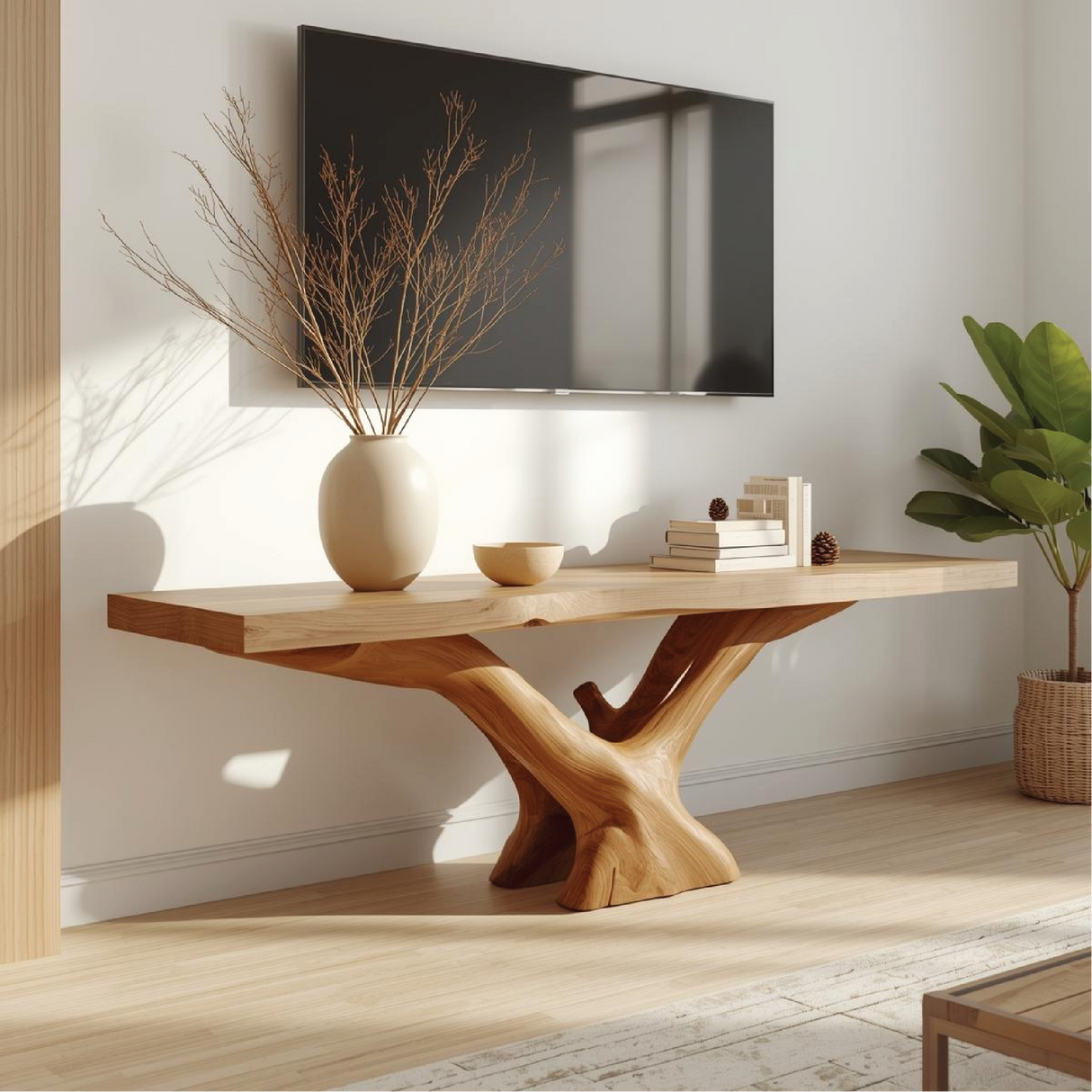 Handcrafted Solid Wood TV Stand with Natural Live Edge and Artistic Root-Inspired Base