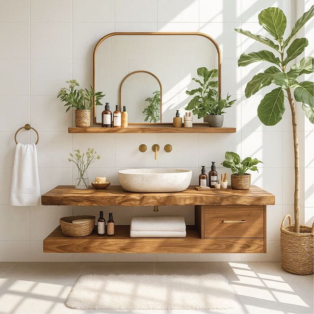 Handcrafted Solid Wood Floating Vanity with Live Edge Top and Minimalist Drawer Design