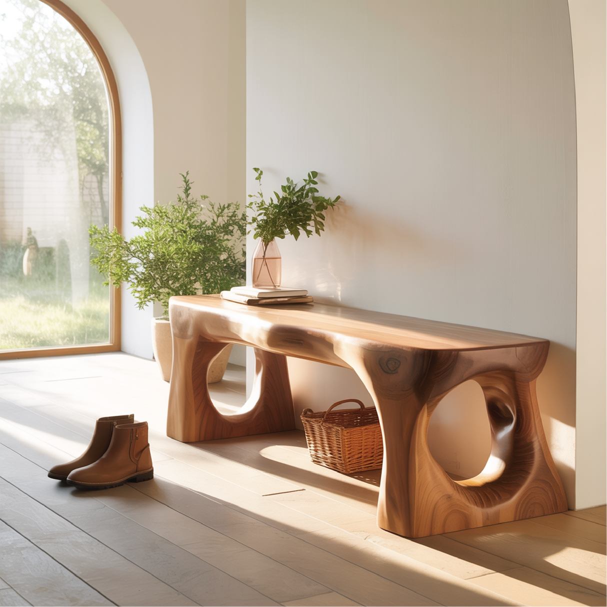 Handcrafted Solid Wood Entryway Bench with Sculpted Organic Cutout Base and Smooth Finish