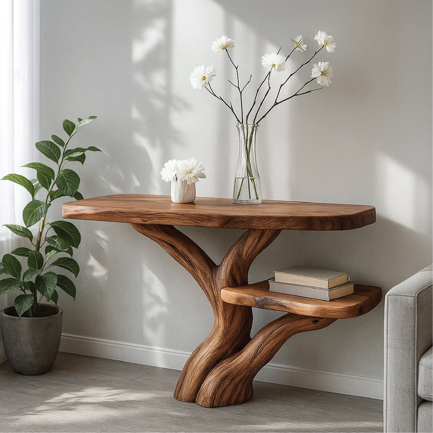 Handcrafted Solid Wood Tree Console Table with Organic Branch Design for Modern Natural Spaces
