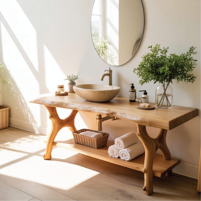 Solid Wood Bathroom Vanity with Natural Live Edge Design – Handcrafted Luxury Sink Console
