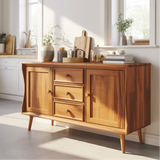 Handcrafted Solid Wood Dining Storage Sideboard with Curved Edges and Classic Cabinet Design