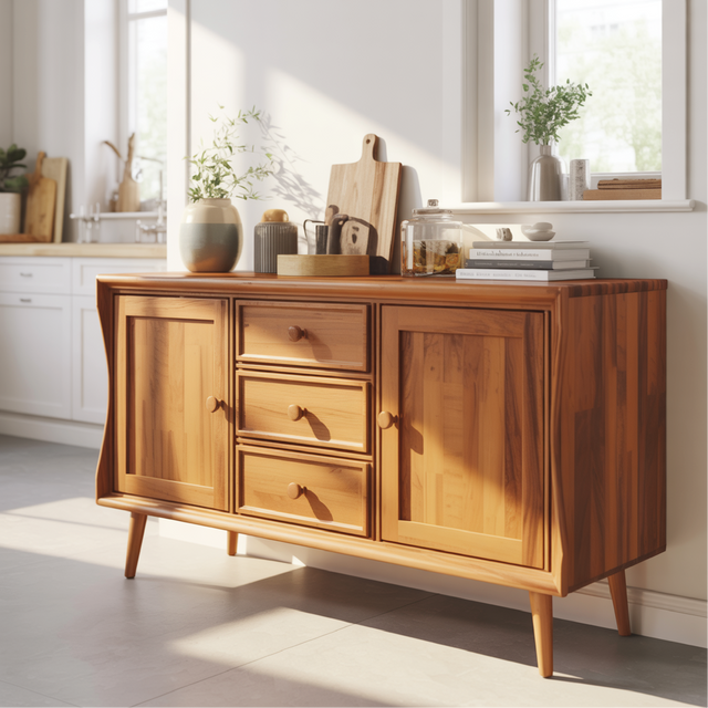 Handcrafted Solid Wood Dining Storage Sideboard with Curved Edges and Classic Cabinet Design