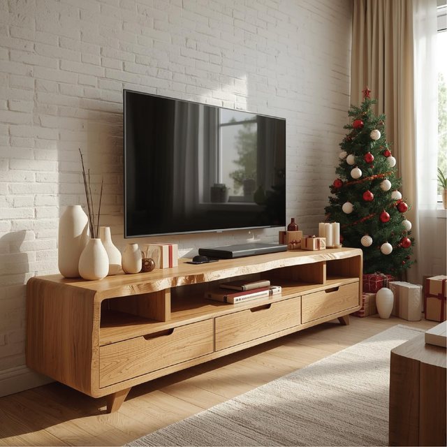 Handcrafted Solid Wood TV Stand with Curved Edges and Storage Drawers for Scandinavian Interiors