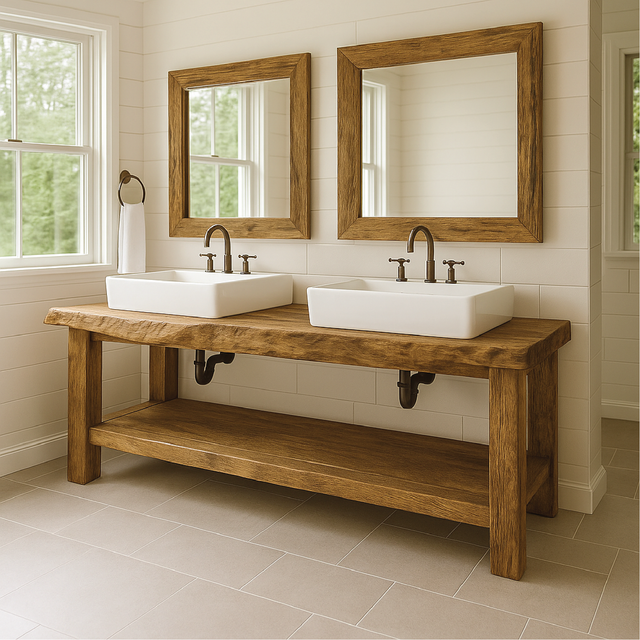 Handcrafted Double Sink Solid Wood Bathroom Vanity with Natural Finish for Modern Rustic Spaces