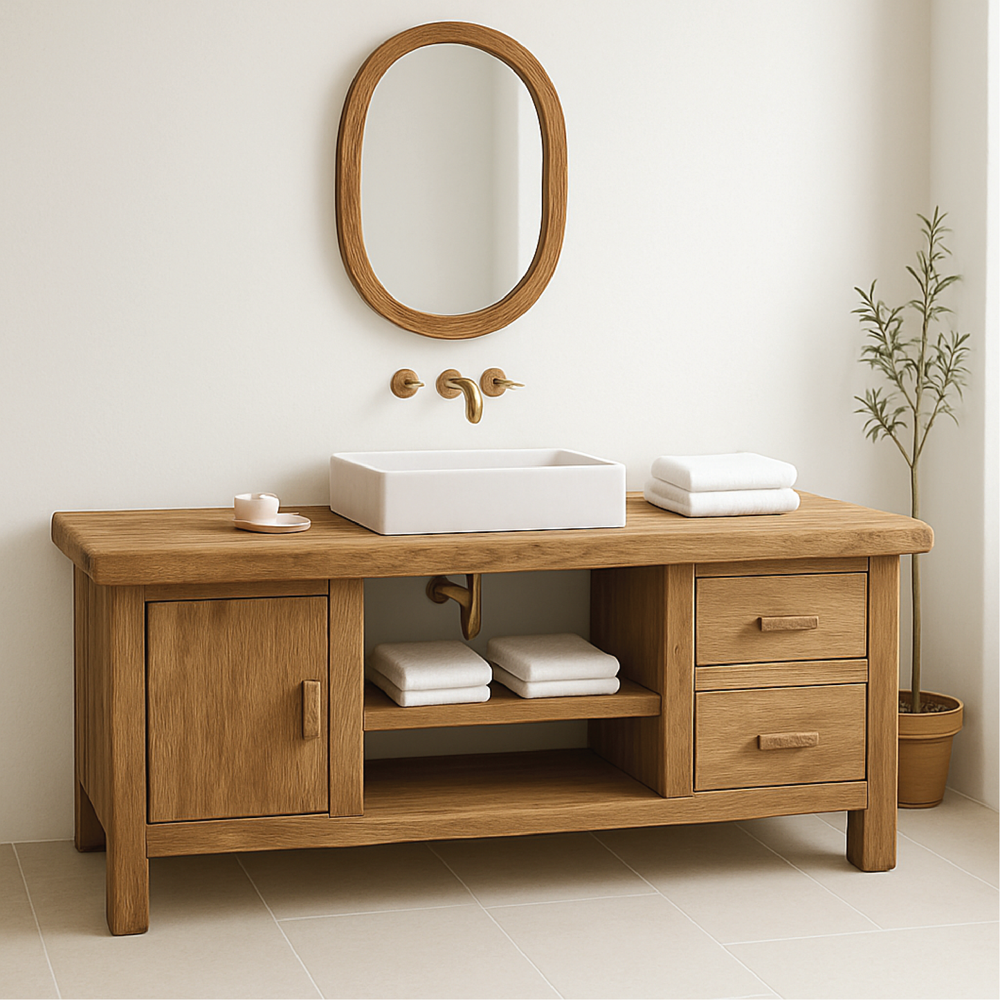 Handcrafted Solid Wood Bathroom Vanity with Drawers and Cabinet in Minimalist Natural Finish