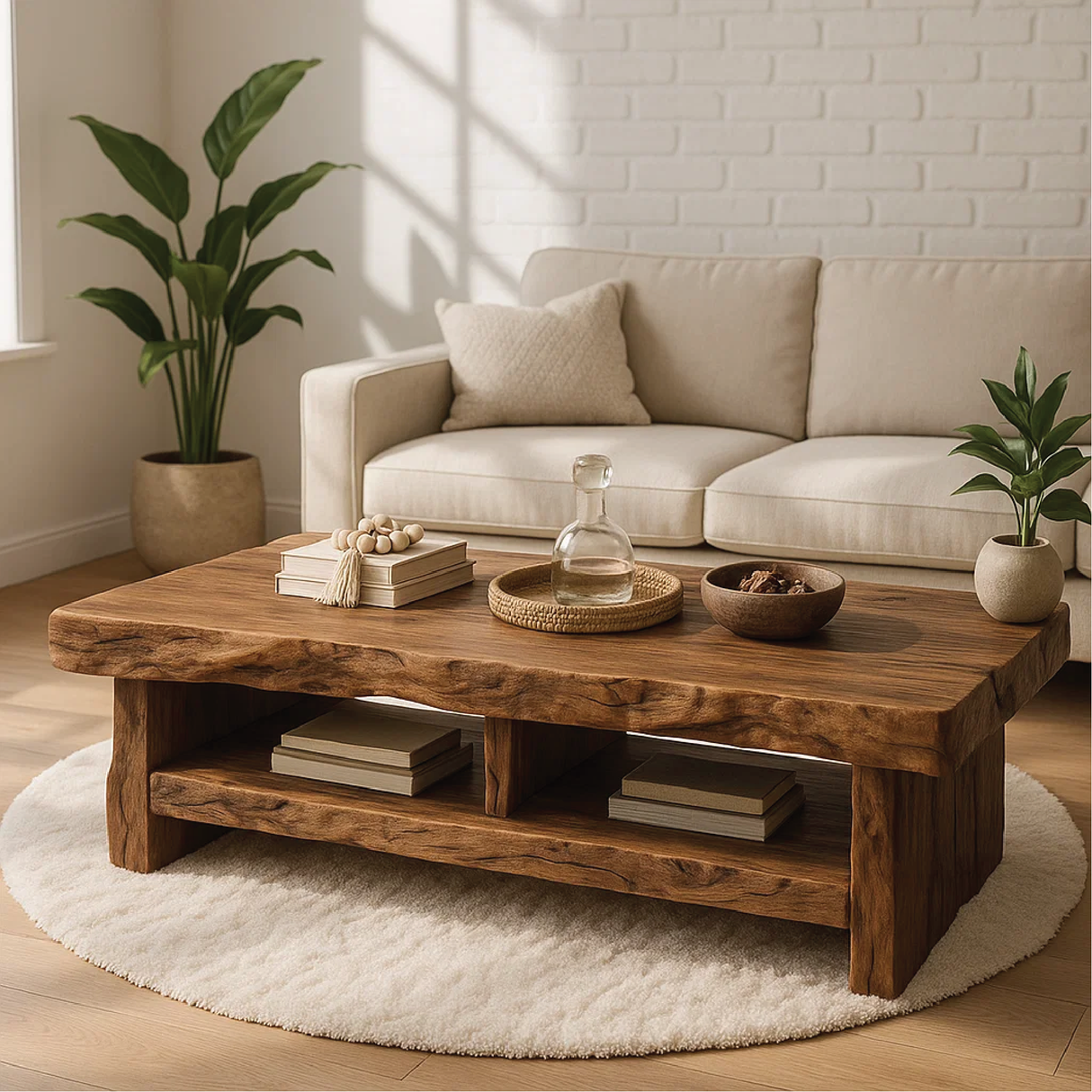 Handcrafted Solid Wood Coffee Table with Live Edge Design and Double Shelf for Storage