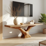 Handcrafted Solid Wood TV Stand with Natural Live Edge and Artistic Root-Inspired Base