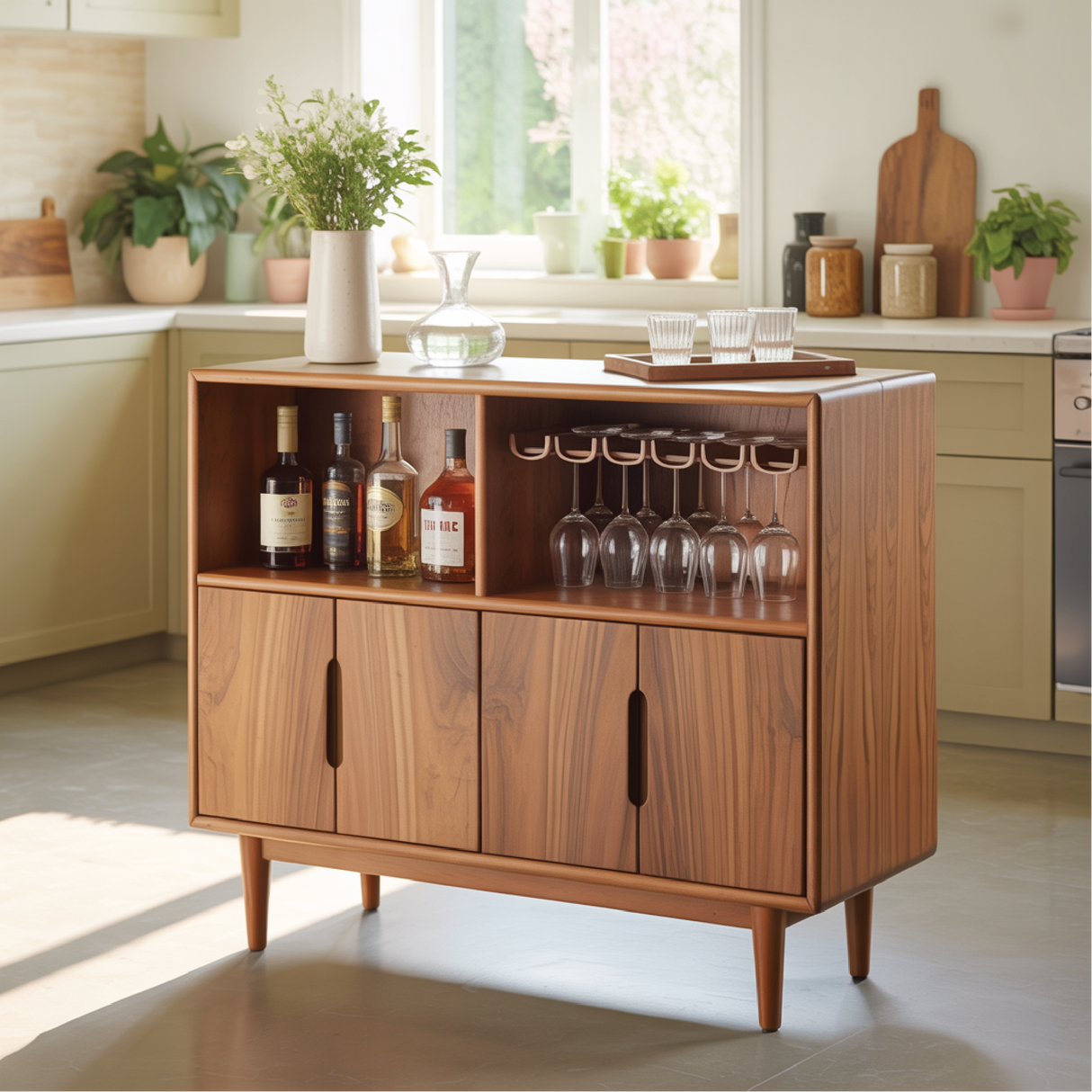 Handcrafted Solid Wood Dining Cabinet with Wine Storage and Hanging Glass Rack
