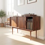 Solid Wood Console Table with Sliding Doors – Mid-Century Style Storage Cabinet for Living Room