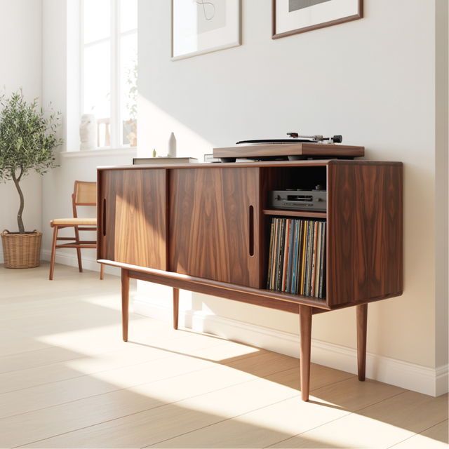 Solid Wood Console Table with Sliding Doors – Mid-Century Style Storage Cabinet for Living Room