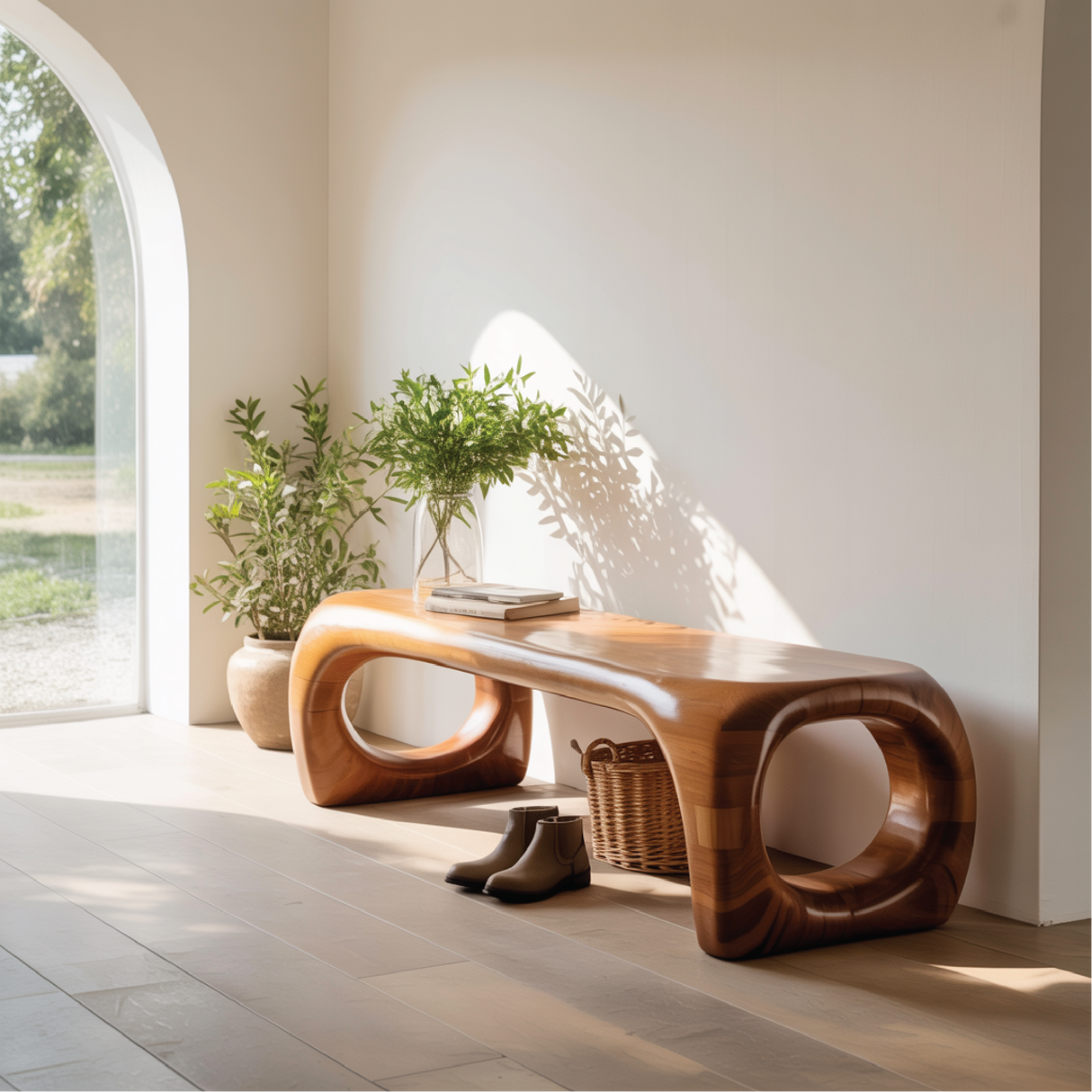 Handcrafted Solid Wood Entryway Bench with Modern Sculpted Organic Frame and Polished Finish