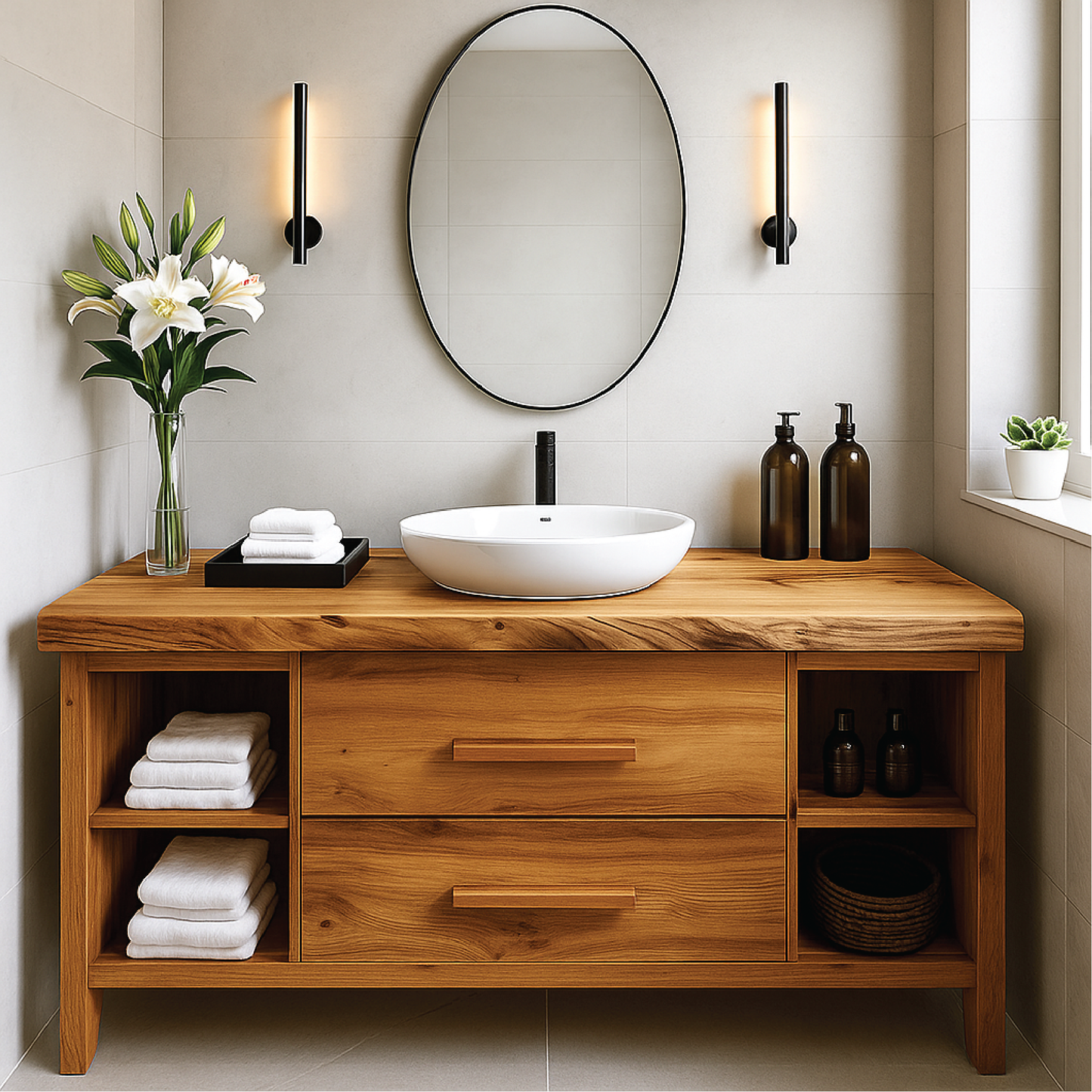 Handcrafted Solid Wood Bathroom Vanity with Drawers and Open Shelves for Modern Interiors