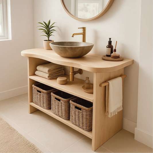 Handcrafted Solid Wood Bathroom Vanity with Curved Edge Design and Open Shelves for Modern Spaces