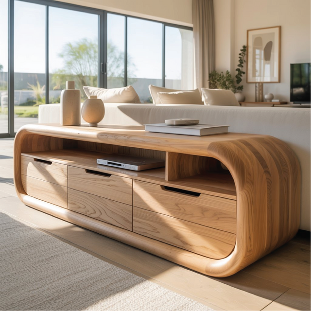Solid Wood Console Table – Handcrafted Modern TV Stand with Smooth Rounded Edges