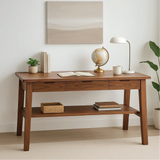 Handcrafted Solid Wood Writing Desk – Minimalist Work Table with Drawers and Open Shelf Design