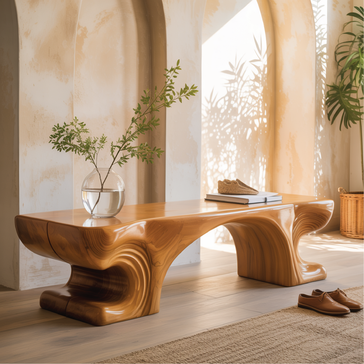 Handcrafted Solid Wood Entryway Bench with Sculpted Organic Base and Smooth Modern Finish