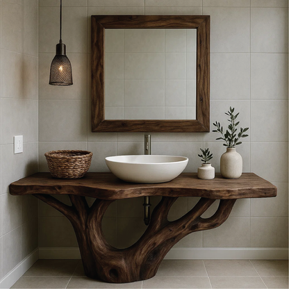 Handcrafted Solid Wood Bathroom Vanity with Organic Tree-Inspired Base and Natural Finish