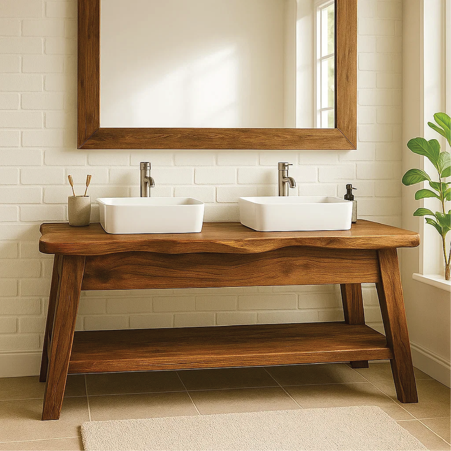 Handcrafted Double Sink Solid Wood Bathroom Vanity with Live Edge Design for Modern Rustic Homes