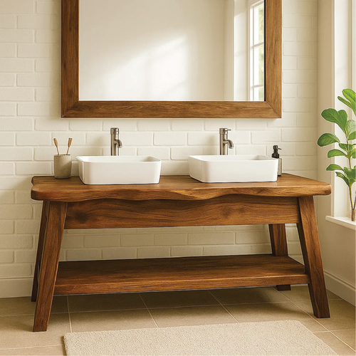 Handcrafted Double Sink Solid Wood Bathroom Vanity with Live Edge Design for Modern Rustic Homes