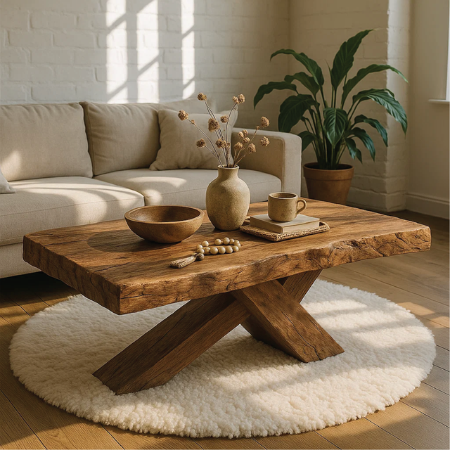 Handcrafted Solid Wood Coffee Table with Rustic Live Edge and Cross-Leg Modern Design