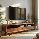Handcrafted Solid Wood TV Stand with Rounded Edges and Natural Finish for Contemporary Living Rooms