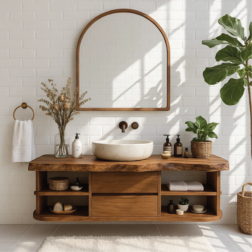 Handcrafted Solid Wood Floating Vanity with Rounded Shelves and Live Edge Countertop