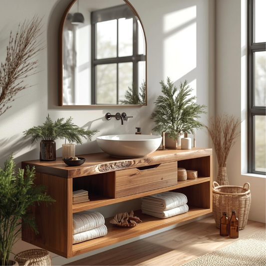 Handcrafted Solid Wood Floating Bathroom Vanity with Open Shelf Storage and Natural Live Edge