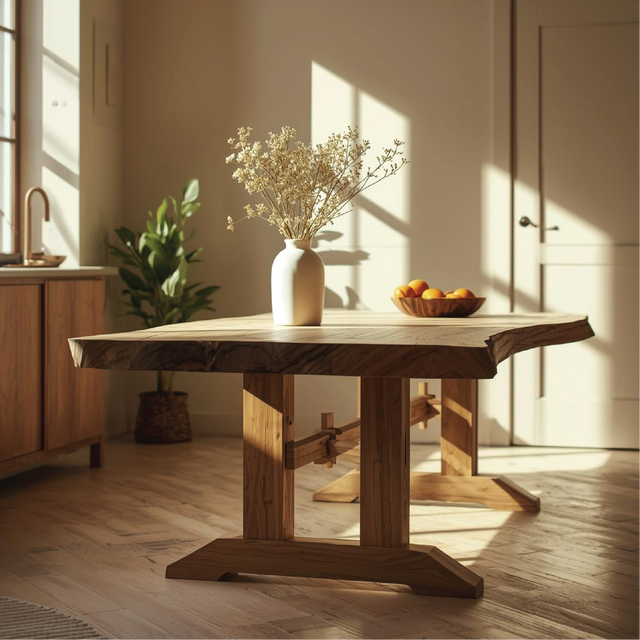 Handcrafted Solid Wood Dining Table – Live Edge Kitchen Table with Artisan Joinery Base
