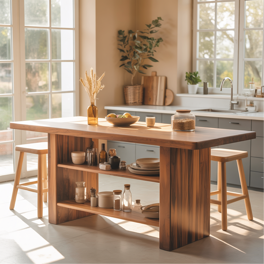 Handcrafted Solid Wood Dining Table with Built-In Storage Shelves for Modern Kitchen Spaces