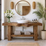 Handcrafted Solid Wood Bathroom Vanity with Organic Curved Edge and Open Shelf for Modern Homes
