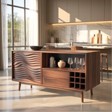 Handcrafted Solid Wood Dining Cabinet with Wave Carved Door, Open Display Shelf and Wine Storage