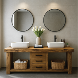 Handcrafted Solid Wood Double Sink Bathroom Vanity with Central Drawers and Natural Finish