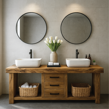Handcrafted Solid Wood Double Sink Bathroom Vanity with Central Drawers and Natural Finish